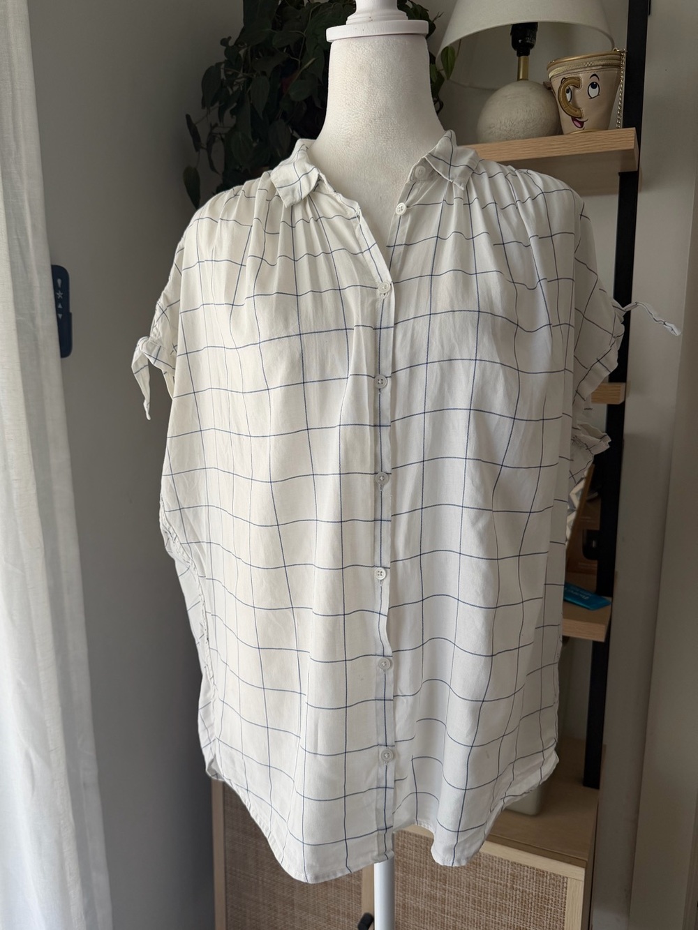 Madewell Women's sz M White Blue Windowpane Plaid Button Front Cotton Blouse top